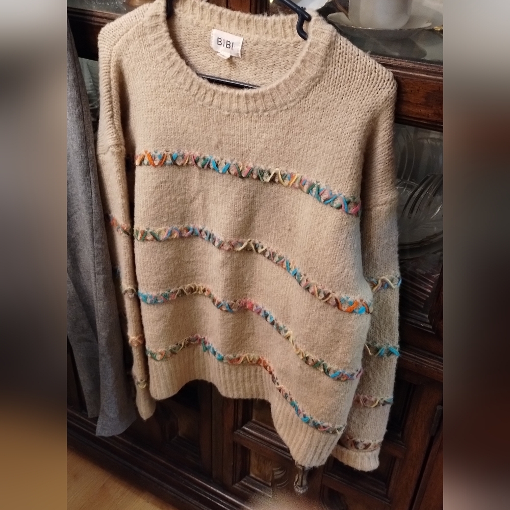 BiBi Women's Tan Sweater with Colorful Stripes (L)